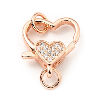 Brass Micro Pave Clear Cubic Zirconia Heart Lobster Claw Clasps KK-G416-35RG-1