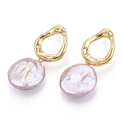 Natural Flat Round Baroque Keshi Pearl Dangle Stud Earrings PEAR-N020-L37-1