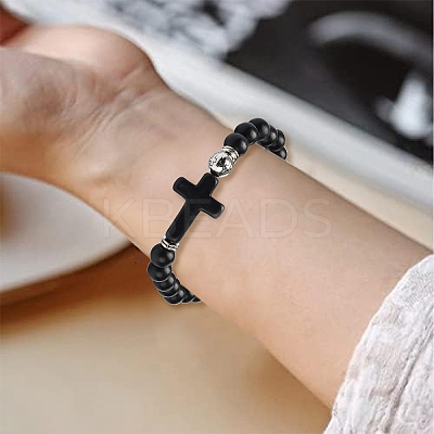 2Pcs 2 Color Dyed Synthetic Turquoise Cross & Alloy Beaded Stretch Bracelets Set BJEW-YW00002-02-1