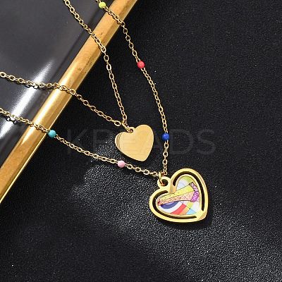 304 Stainless Steel & Plastic Colorful Heart Pendant Double Layer Necklaces for Women NJEW-U032-11G-1