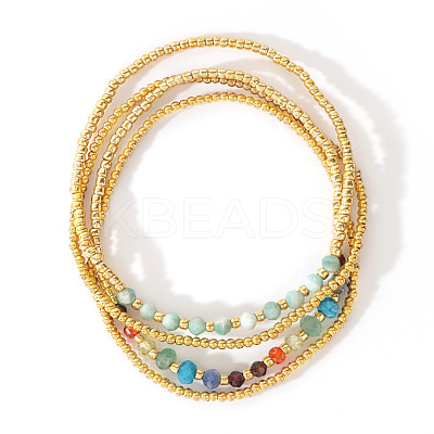 4Pcs Luxury Natural Amazonite Round Beads & Moonstone & Lapis Lazuli & Malaysia Jade & Glass & Cubic Zirconia & Purple Garnet & Red Garnet & Glass Seed Beads Stretch Bracelet Set for Women AP3962-2-1