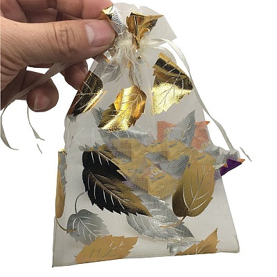 Gold Stamping Leaf Organza Printed Gift Bags with Drawstring PW-WGCD8B4-02-1