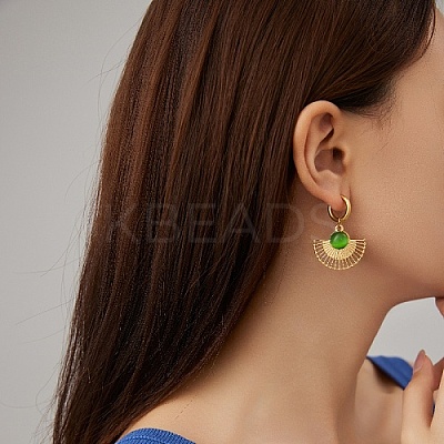 Golden Stainless Steel Fan Dangle Hoop Earrings LS-OV2529-1-1
