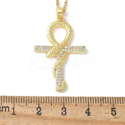 Brass Micro Pave Clear Cubic Zirconia Snake Wrapped Ankh Cross Pendant Necklaces NJEW-S446-01G-1