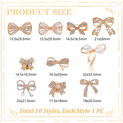 10Pcs 10 Styles Bowknot Shape Alloy ABS Plastic Pearl & Rhinestone Brooches for Backpack Clothes JEWB-GA0001-42-1