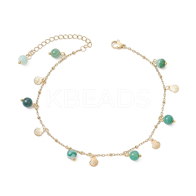 Dyed Natural Banded Agate Round & 304 Stainless Steel Shell Shape Tassel Anklets for Women AJEW-AN00702-01-1