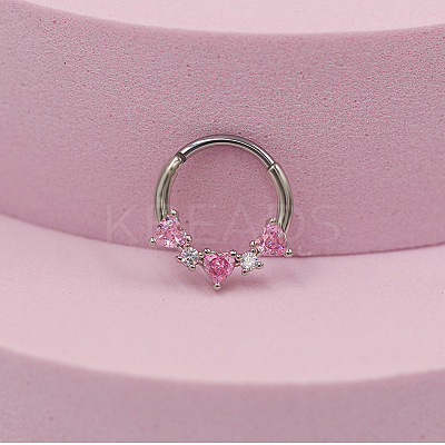 316L Surgical Stainless Steel Pave Pearl Pink Cubic Zirconia Heart Hoop Nose Rings FS-WG2F513-13-1