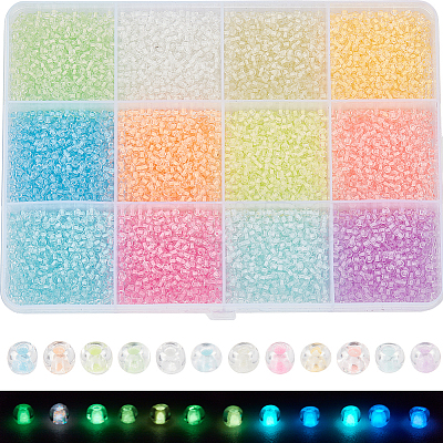 12 Colors Glow in the Dark Luminous Transparent 6/0 Glass Round Seed Beads GLAA-SC0002-06B-1