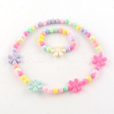 Flower Acrylic Pendant Necklaces and Stretch Bracelets Jewelry Sets X-SJEW-R048-05-1