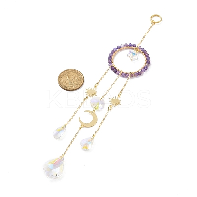 Natural Amethyst Woven Net/Web with Feather Window Hanging Suncatchers HJEW-JM00852-03-1