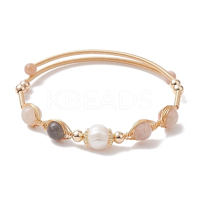 Natural Moonstone Round Beaded Cuff Bangle BJEW-JB10113-01-1