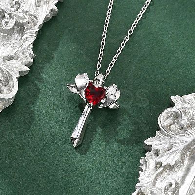 Brass Cubic Zirconia Wing Cross Pendant Necklaces for Women NJEW-C067-07P-01-1