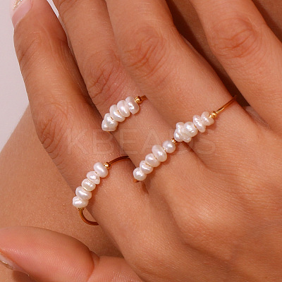 Nuggets Stainless Steel & Natural Freshwater Pearl Beads Finger Rings WG1BE4A-06-1
