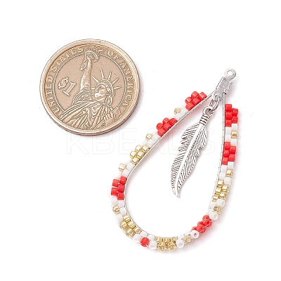 Bohemia Style Glass Seed Beaded Teardrop with Feather Pendants PALLOY-MZ00589-03-1