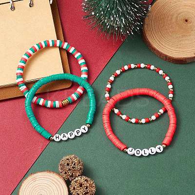 4Pcs 4 Style Polymer Clay Heishi Surfer Stretch Bracelets Set BJEW-TA00268-1