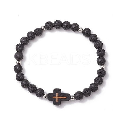 2Pcs Cross Natural Lava Rock & Synthetic Turquoise & Wood Round Beads Stretch Bracelets for Men Women BJEW-JB11832-1