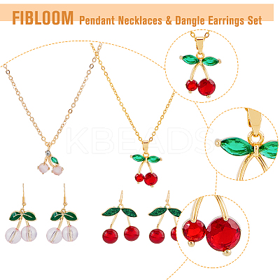 Cubic Zirconia & Alloy Enamel Cherry Pendant Necklaces & Dangle Earrings SJEW-FI0001-22-1
