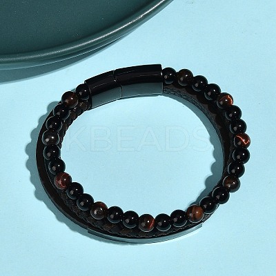 Natural Tiger Eye & Glass Round Beaded Bracelets LS-BJEW-G732-02B-1