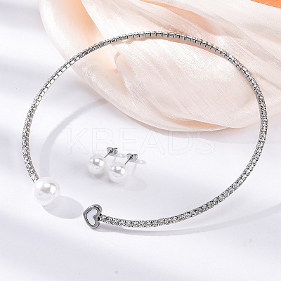 Round Plastic Imitation Pearl Stud Earrings & Rhinestone Cuff Choker Necklaces Sets SJEW-U003-11P-1