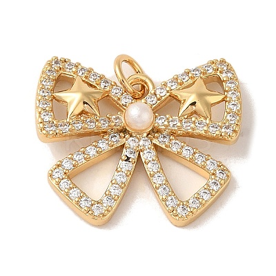 Rack Plating Brass Micro Pave Clear Cubic Zirconia and Plastic Pearl Pendants KK-S366-09G-1