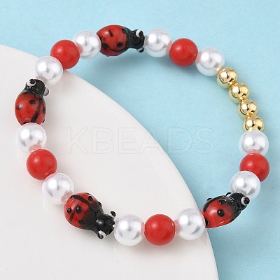 Brass & Lampwork & ABS Imitation Pearl Beaded Stretch Bracelets for Women BJEW-F515-08G-1