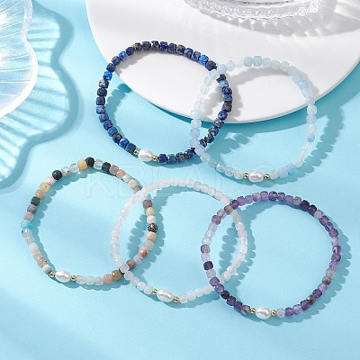 Natural Mixed Gemstone Cube Beads Stretch Bracelets for Women BJEW-JB13179-1