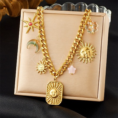 304 Stainless Steel & Acrylic Sun Moon Flower Pendant Necklaces for Women NJEW-G180-08G-1