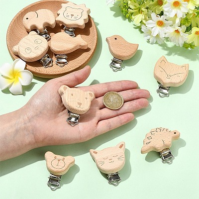 10Pcs 10 Styles Beech Wood Baby Pacifier Holder Clips WOOD-YW0001-94-1