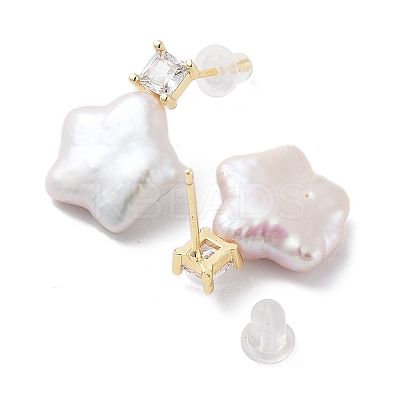 Star Natural Pearl Stud Earrings with Brass Glass and 925 Sterling Silver Pins EJEW-P256-89G-1