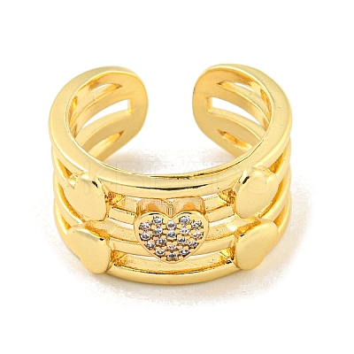 Brass Micro Pave Clear Cubic Zirconia Heart Open Cuff Ring for Women LS-RJEW-M173-09A-G-1