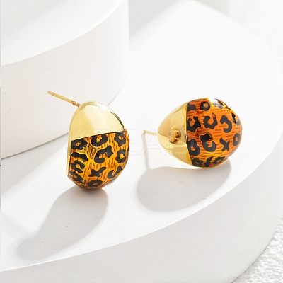 Leopard Print Brass Enamel Stud Earrings for Women EJEW-U055-12B-G-1