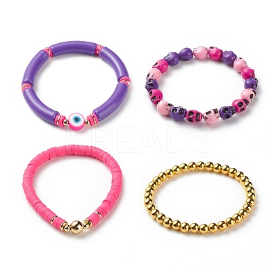 4Pcs 4 Style Acrylic Evil Eye & Plastic Skull & Synthetic Hematite Beaded Stretch Bracelets Set BJEW-JB08896-1