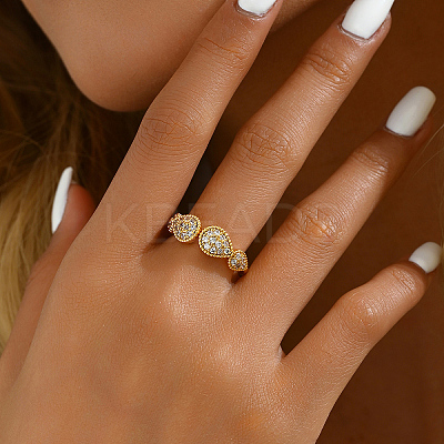 Fashionable Brass Clear Cubic Zirconia Teardrop Open Cuff Ring for Women QR4639-1-1