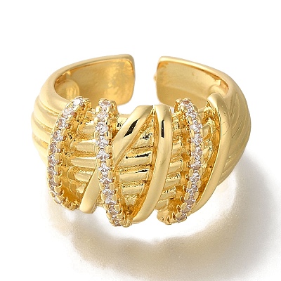 Rack Plating Brass Clear Cubic Zirconia Open Cuff Rings RJEW-S411-22G-1