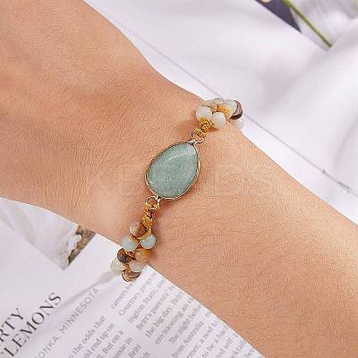 Natural Green Aventurine Teardrop Link Braided Bead Bracelet BJEW-SZ0002-54D-1