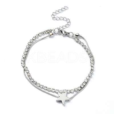 Star Alloy Pave Clear Cubic Zirconia Link Round Snake Chain Bracelets BJEW-S149-01P-1