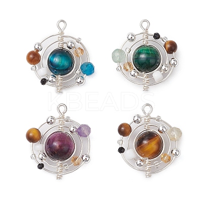 4Pcs 4 Colors Natural Tiger Eye(Dyed/Undyed) Copper Wire Wrapped Planet Pendants PALLOY-TA00180-1