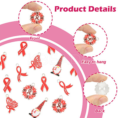 14Pcs 6 Styles No To Drugs Red Awareness Ribbon Theme Alloy Enamel Pendants ENAM-FS0003-47-1
