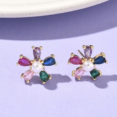 Flower Brass Cubic Zirconia Stud Earrings EJEW-P336-06G-01-1
