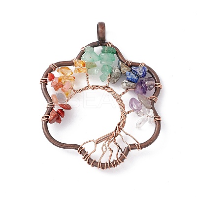 7 Chakra Flower Natural Mixed Stone Copper Wire Wrapped Chip Big Pendants G-E195-12R-01-1