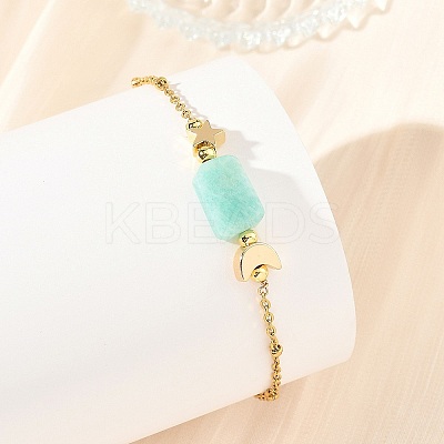 Natural Mixed Stone Rectangle & Moon Star Brass Beaded Bracelets BJEW-JB14231-1