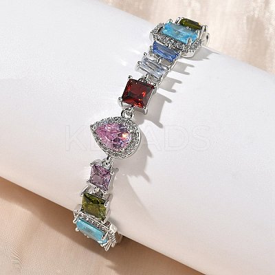 Brass Micro Pave Colorful Cubic Zirconia Rectangle & Square & Teardrop Link Chain Bracelets for Women BJEW-G764-07P-1