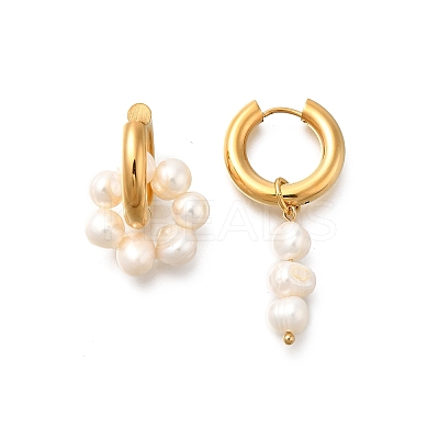 304 Stainless Steel & Freshwater Pearl Asymmetric Hoop Earrings EJEW-S254-01G-1