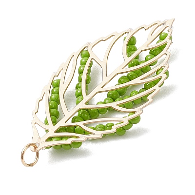 Handmade Glass Seed Beaded Leaf Shape Pendants PALLOY-MZ00935-01-1