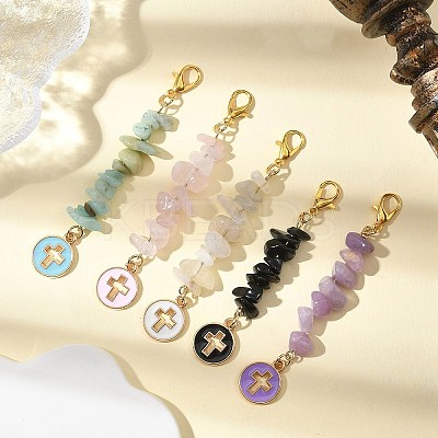 5Pcs Alloy Enamel Flat Round with Cross Pendant Decorations HJEW-JM04089-1