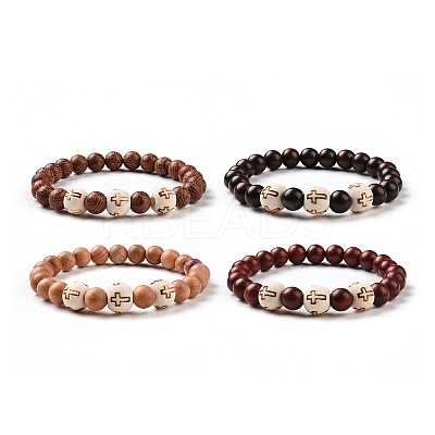 4Pcs Cross Pattern Wood Beads Stretch Bracelets Set for Women Men BJEW-JB08931-1
