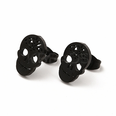 Halloween Skull with Flower 304 Stainless Steel Stud Earrings for Women LS-EJEW-B019-05EB-1