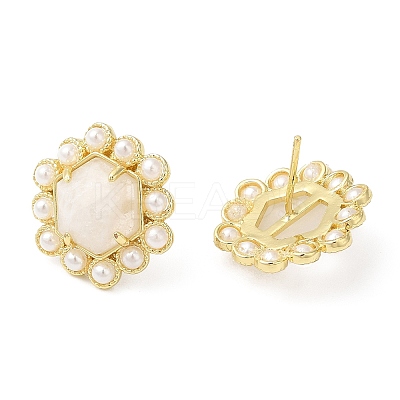 Ion Plating(IP) Natural Moonstone Hexagon Stud Earrings with Plastic Pearl Beaded EJEW-E287-01G-02-1