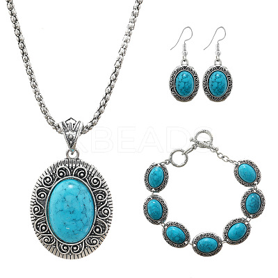 Oval Alloy with Synthetic Turquoise Pendant Necklaces & Dangle Earrings & Link Bracelets Sets WGD1135-10-1