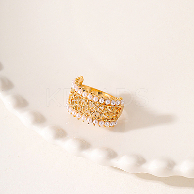 Hollow Brass with ABS Imitation Pearl Beads Wide Band Rings for Women OP9708-3-1